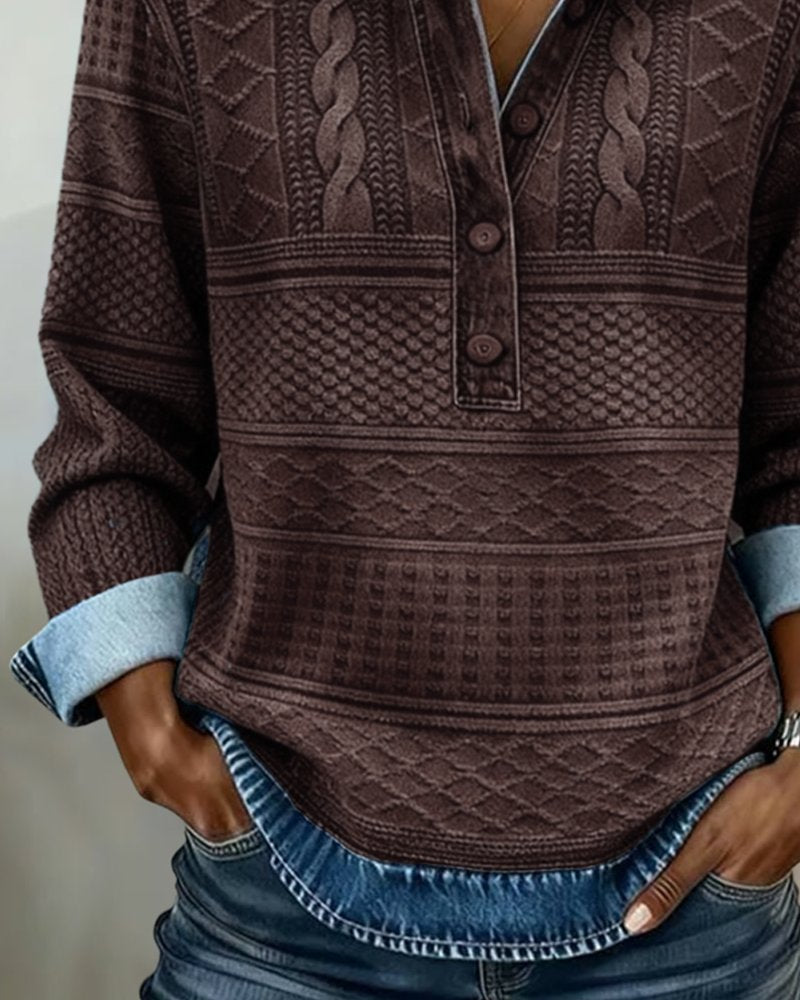 Olivia | Kvinners Avslappet Kabelstrikket Halvknapp Sweatshirt med Denim Krage