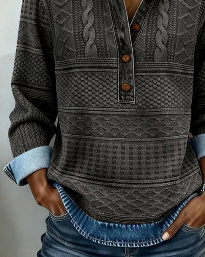 Olivia | Kvinners Avslappet Kabelstrikket Halvknapp Sweatshirt med Denim Krage