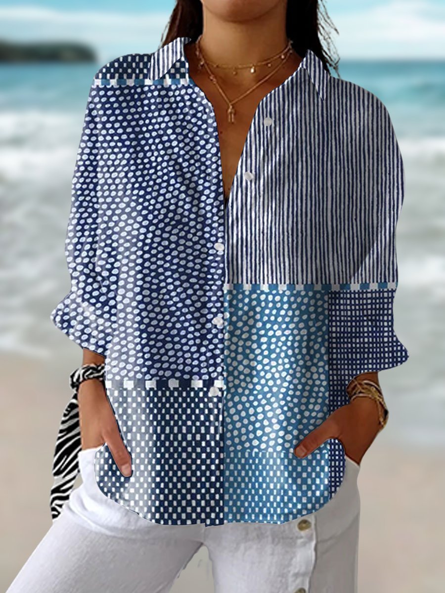 Alma | Kvinne Relaxed Patchwork Langermet Bluse med Knapp