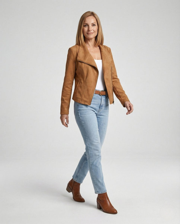 Mathilde | Kvinne Asymmetrisk Glidelås Biker Skinnjakke Suede Look