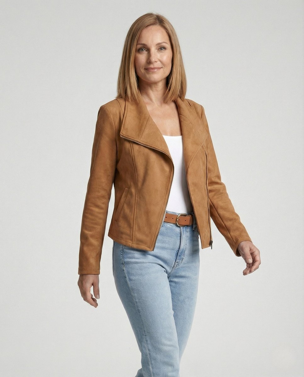 Mathilde | Kvinne Asymmetrisk Glidelås Biker Skinnjakke Suede Look