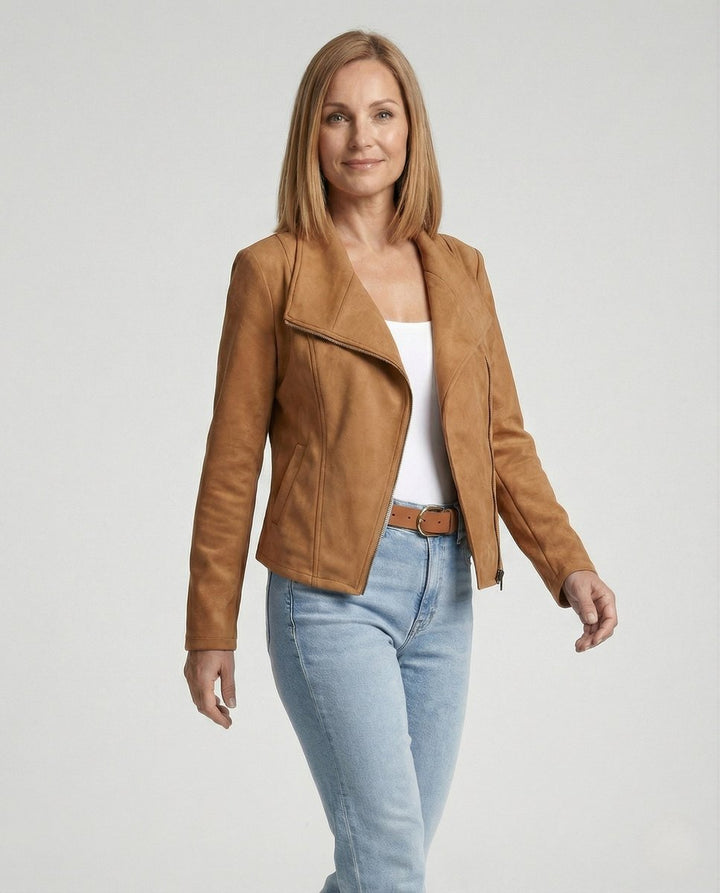 Mathilde | Kvinne Asymmetrisk Glidelås Biker Skinnjakke Suede Look