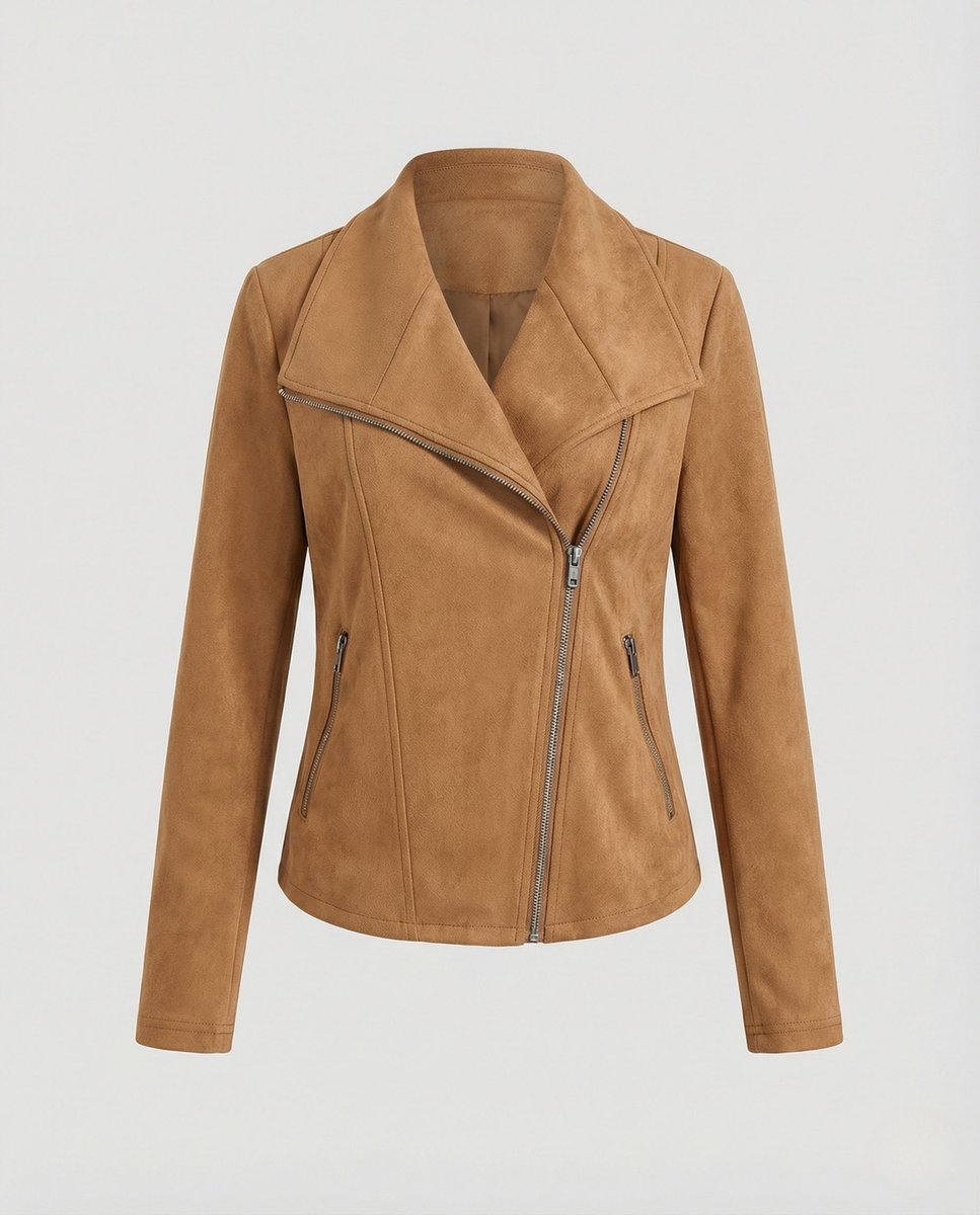 Mathilde | Kvinne Asymmetrisk Glidelås Biker Skinnjakke Suede Look