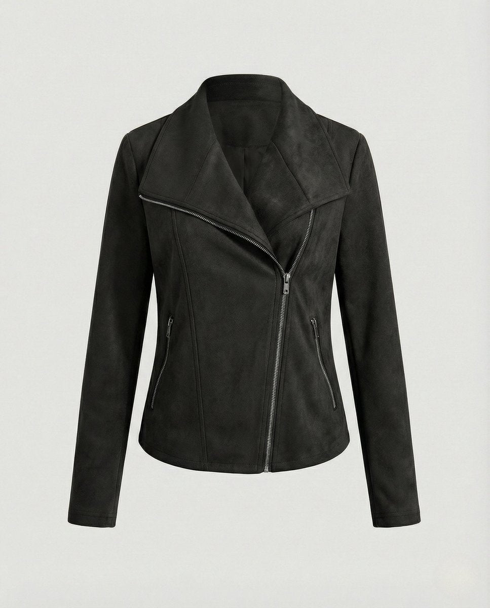 Mathilde | Kvinne Asymmetrisk Glidelås Biker Skinnjakke Suede Look