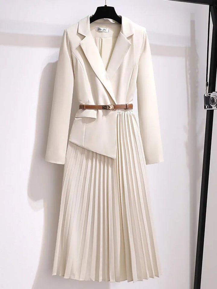 Nora | Kvinne Blazer Stil Plisserte Midi Kjole med Belte