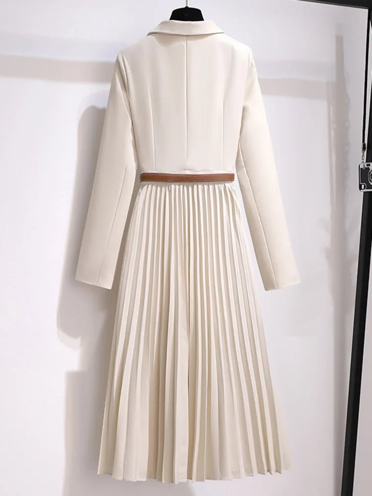 Nora | Kvinne Blazer Stil Plisserte Midi Kjole med Belte