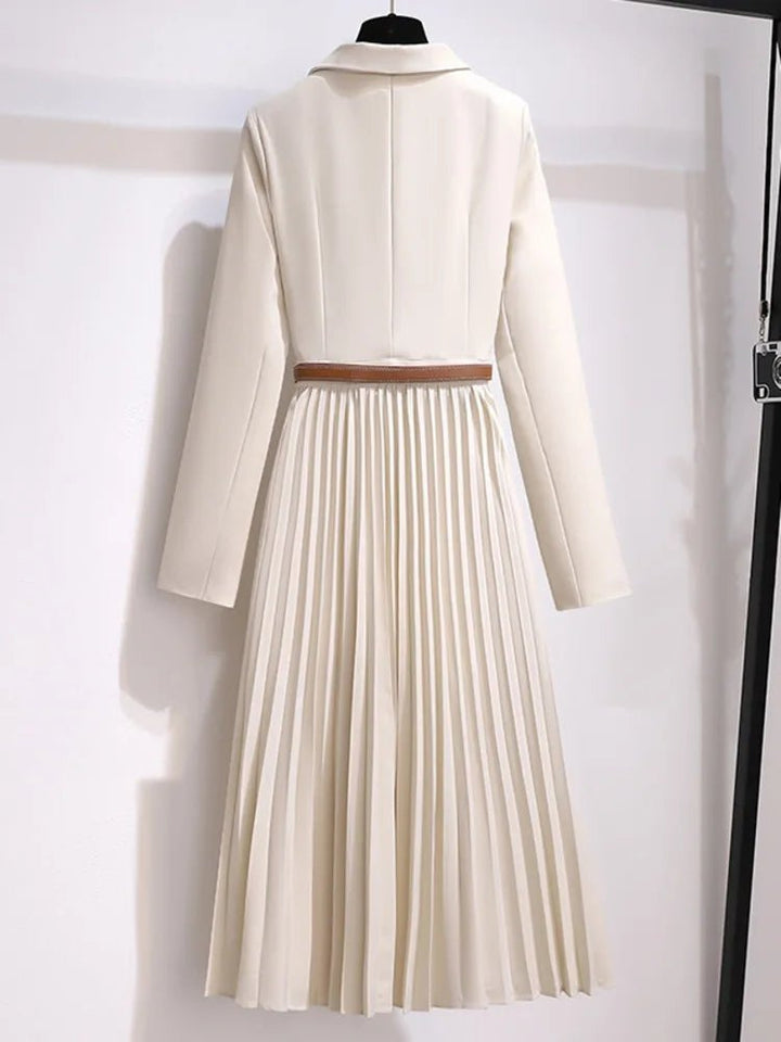 Nora | Kvinne Blazer Stil Plisserte Midi Kjole med Belte