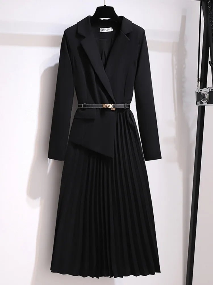 Nora | Kvinne Blazer Stil Plisserte Midi Kjole med Belte
