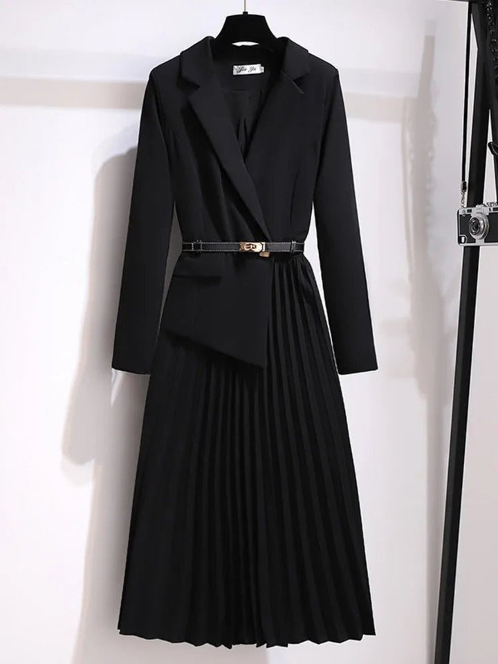 Nora | Kvinne Blazer Stil Plisserte Midi Kjole med Belte