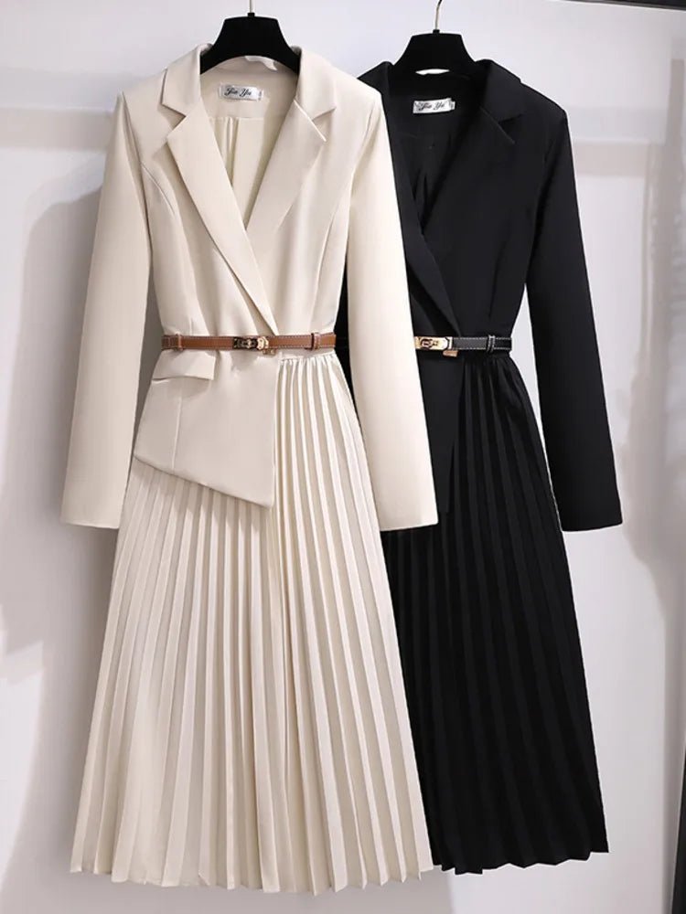 Nora | Kvinne Blazer Stil Plisserte Midi Kjole med Belte