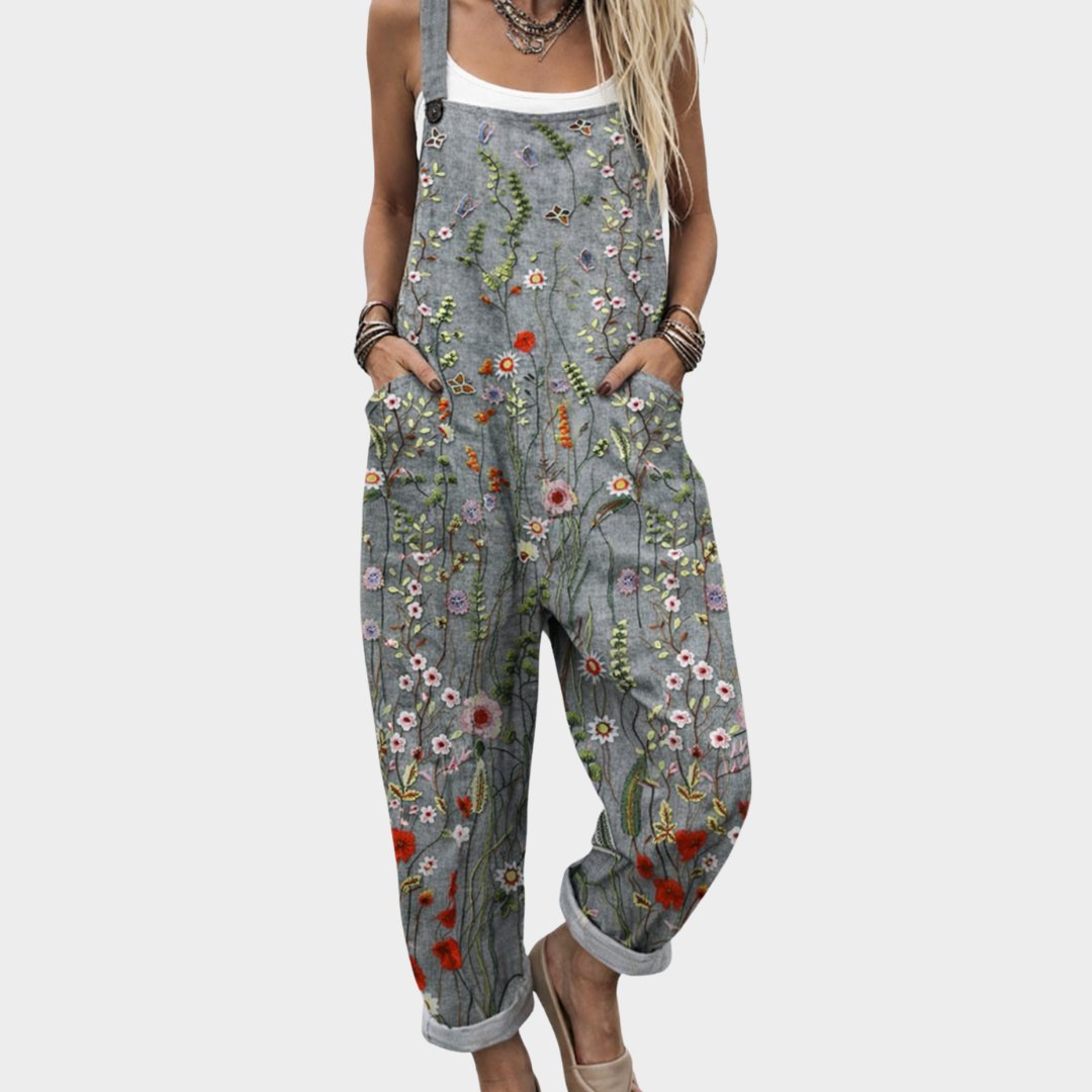 Sofia | Kvinne Floral Brodert Boho Lin Jumpsuit
