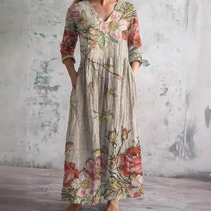 Ida | Kvinners Blomstertrykk V-Hals Maxi Sommerkjole