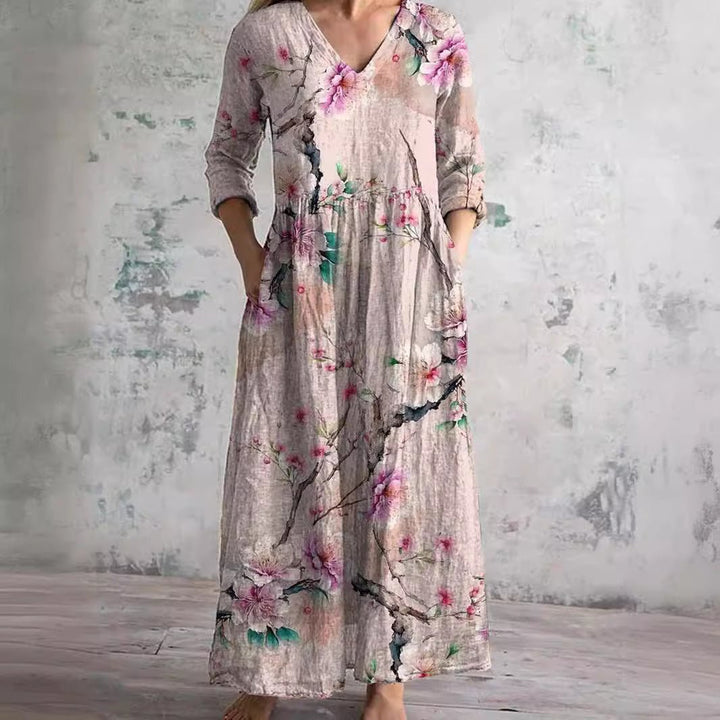 Ida | Kvinners Blomstertrykk V-Hals Maxi Sommerkjole