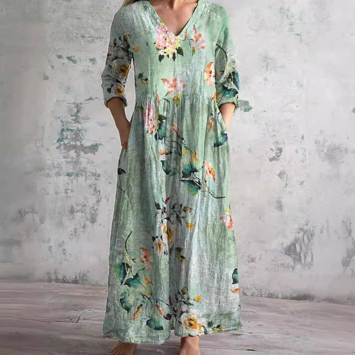 Ida | Kvinners Blomstertrykk V-Hals Maxi Sommerkjole
