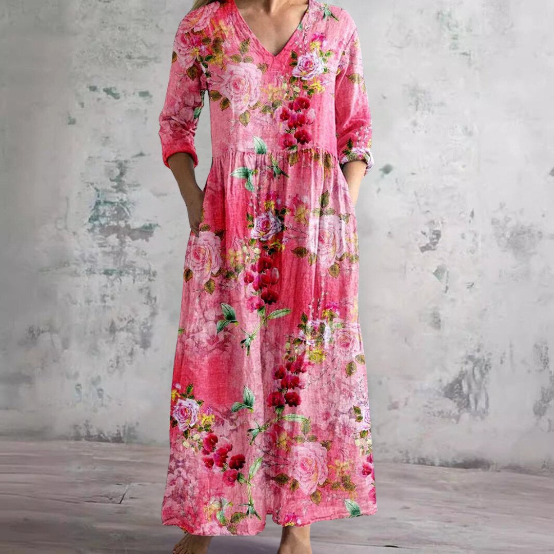 Ida | Kvinners Blomstertrykk V-Hals Maxi Sommerkjole