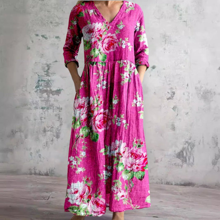 Ida | Kvinners Blomstertrykk V-Hals Maxi Sommerkjole