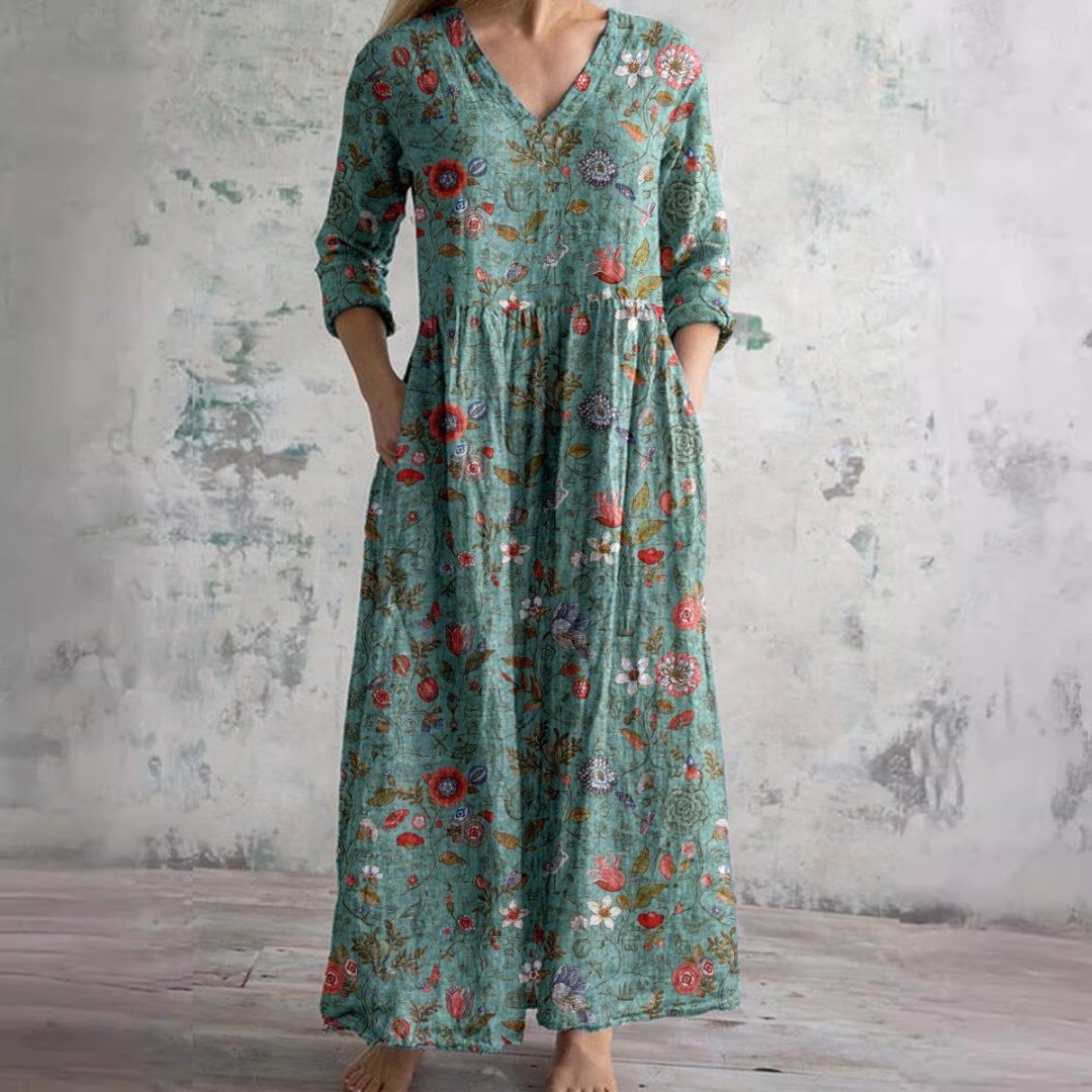 Ida | Kvinners Blomstertrykk V-Hals Maxi Sommerkjole