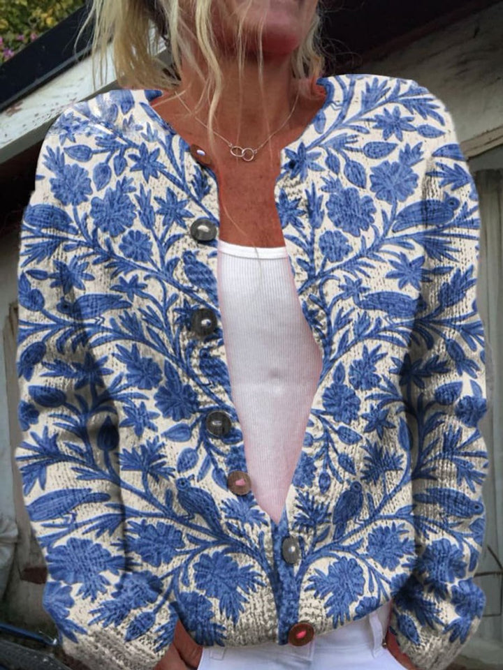 Mathilde | Kvinne Floral Strikket Cardigan med Rund Hals og Knapper
