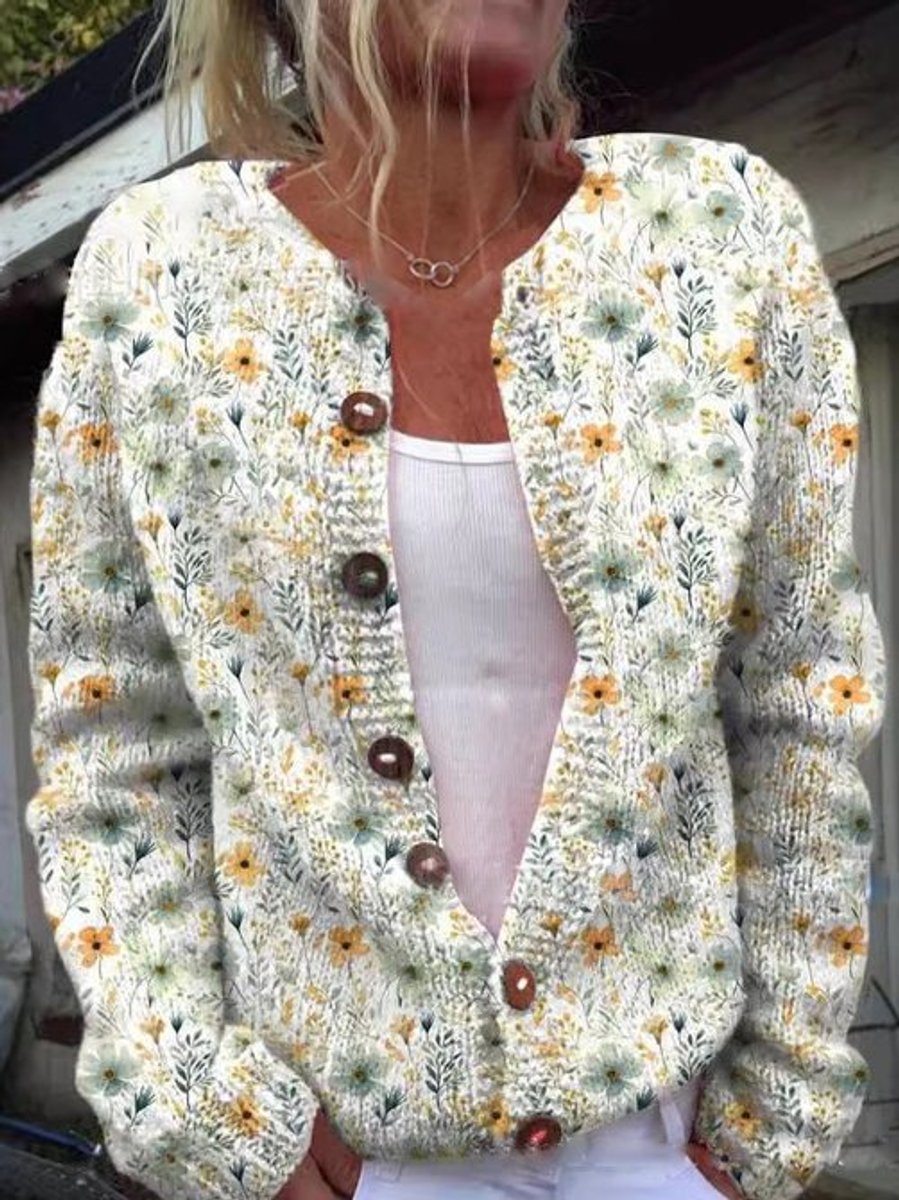 Mathilde | Kvinne Floral Strikket Cardigan med Rund Hals og Knapper
