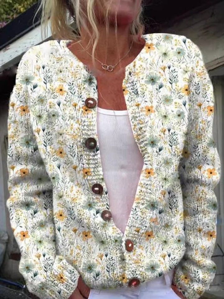 Mathilde | Kvinne Floral Strikket Cardigan med Rund Hals og Knapper