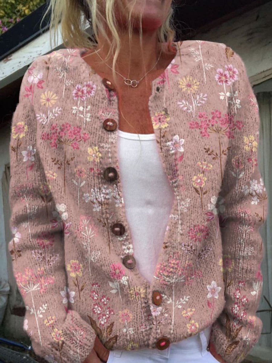 Mathilde | Kvinne Floral Strikket Cardigan med Rund Hals og Knapper