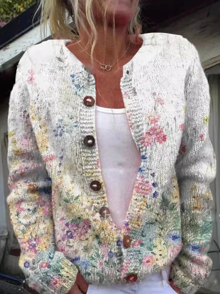 Mathilde | Kvinne Floral Strikket Cardigan med Rund Hals og Knapper