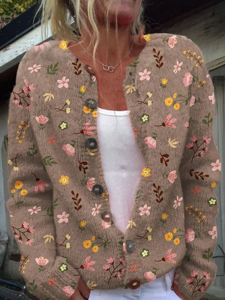 Mathilde | Kvinne Floral Strikket Cardigan med Rund Hals og Knapper