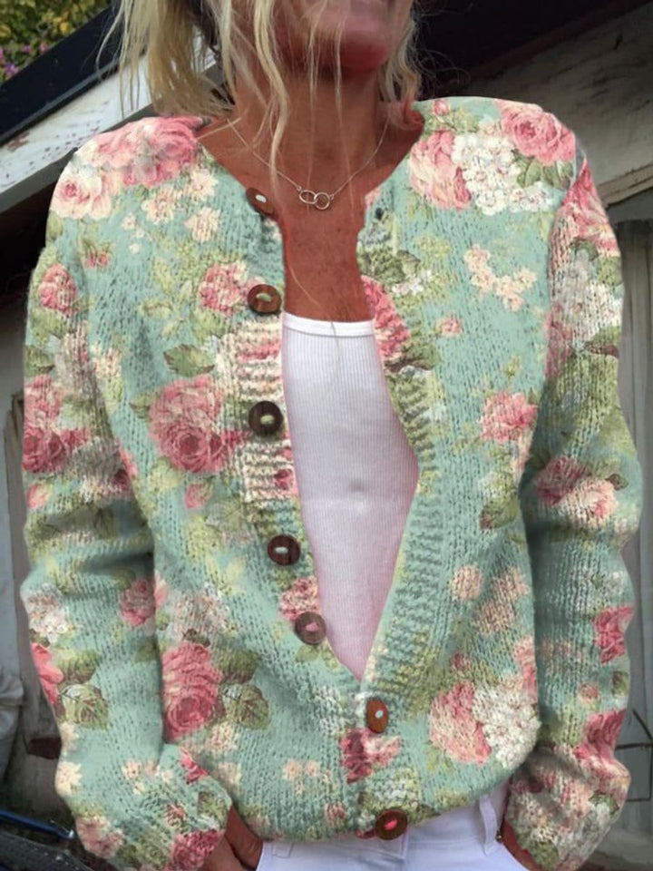 Mathilde | Kvinne Floral Strikket Cardigan med Rund Hals og Knapper