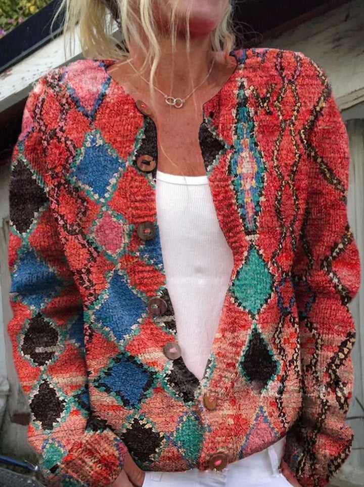 Mathilde | Kvinne Floral Strikket Cardigan med Rund Hals og Knapper