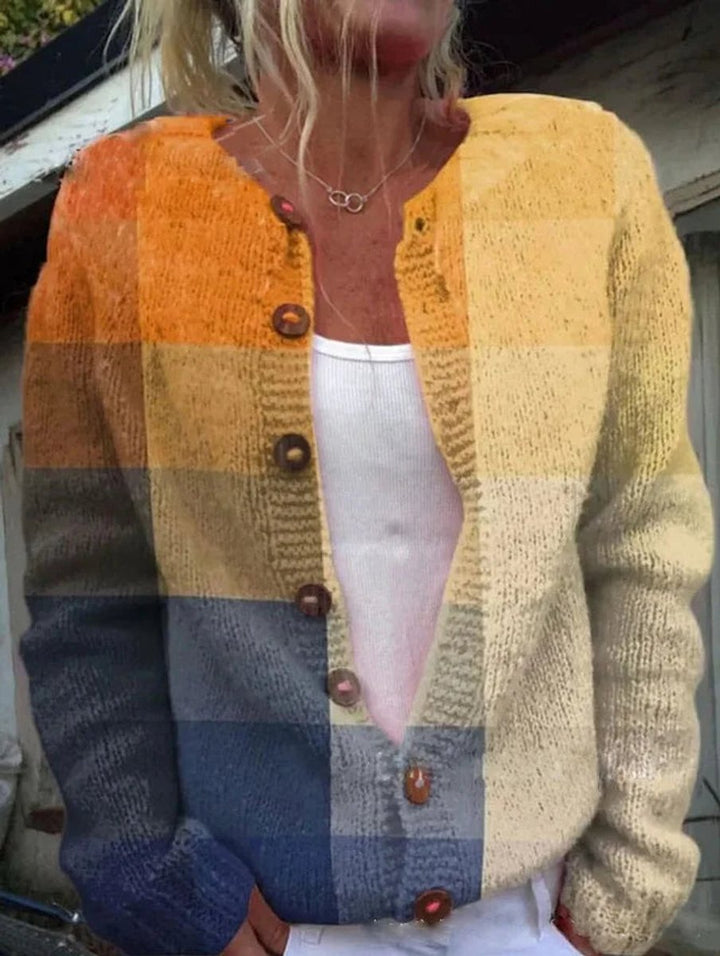 Mathilde | Kvinne Floral Strikket Cardigan med Rund Hals og Knapper