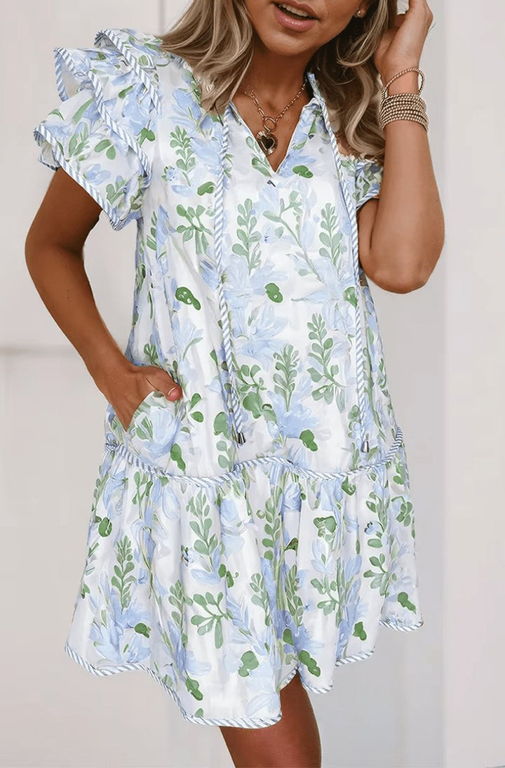 Alma | Kvinne Floral Kortermet Mini Kjole med Volangerm
