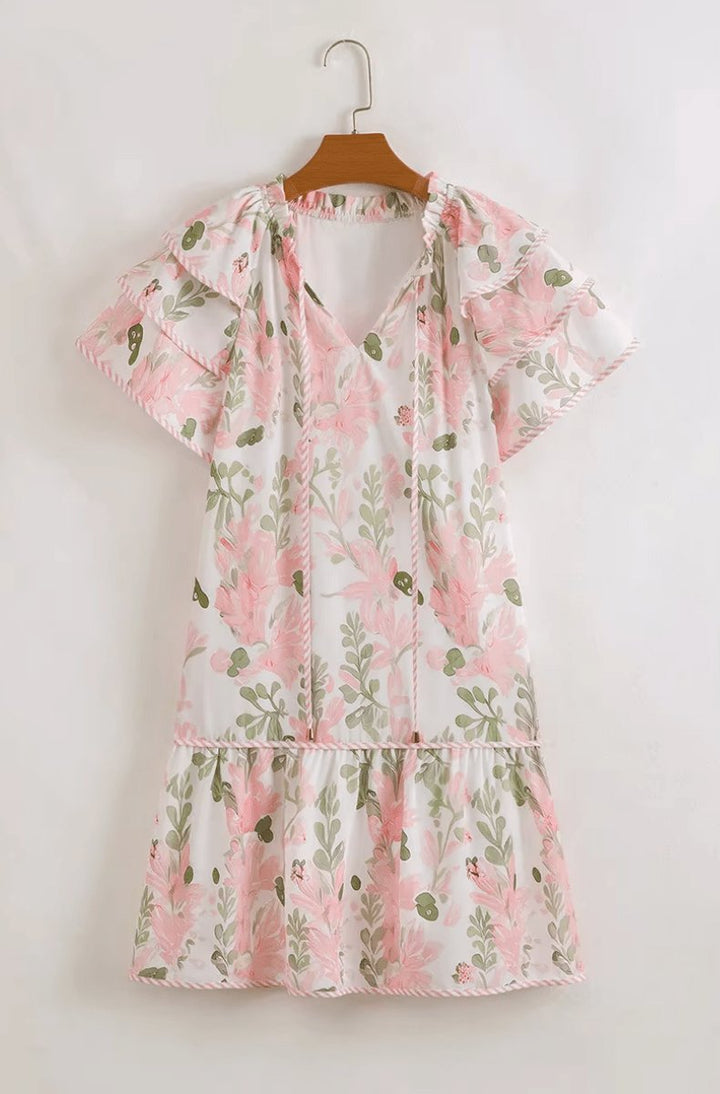 Alma | Kvinne Floral Kortermet Mini Kjole med Volangerm