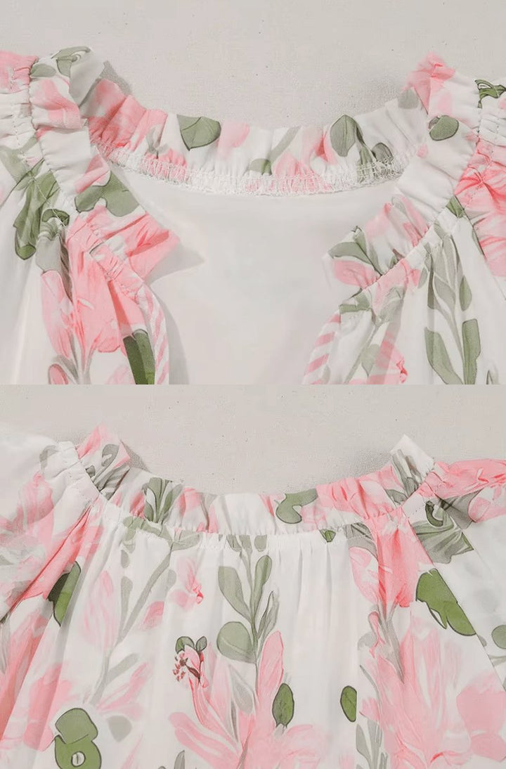 Alma | Kvinne Floral Kortermet Mini Kjole med Volangerm