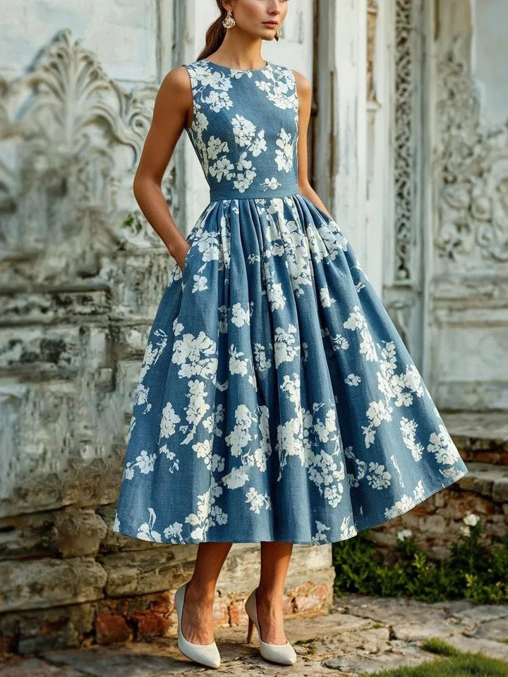 Isabella | Kvinneblomster Lin Midi Kjole Uten Ermer