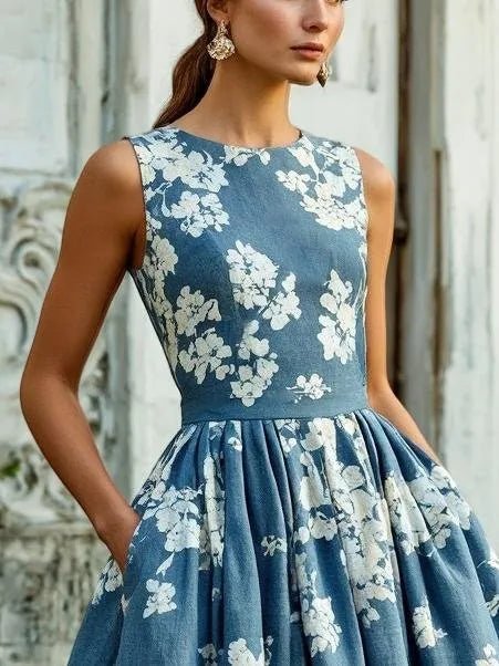 Isabella | Kvinneblomster Lin Midi Kjole Uten Ermer