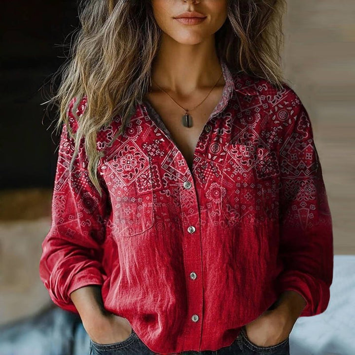 Karla | Kvinne Bohemian Vintage Paisley Langermet Skjorte Bluse