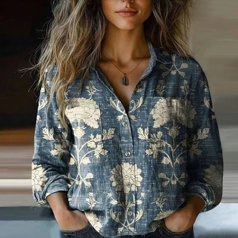 Karla | Kvinne Bohemian Vintage Paisley Langermet Skjorte Bluse