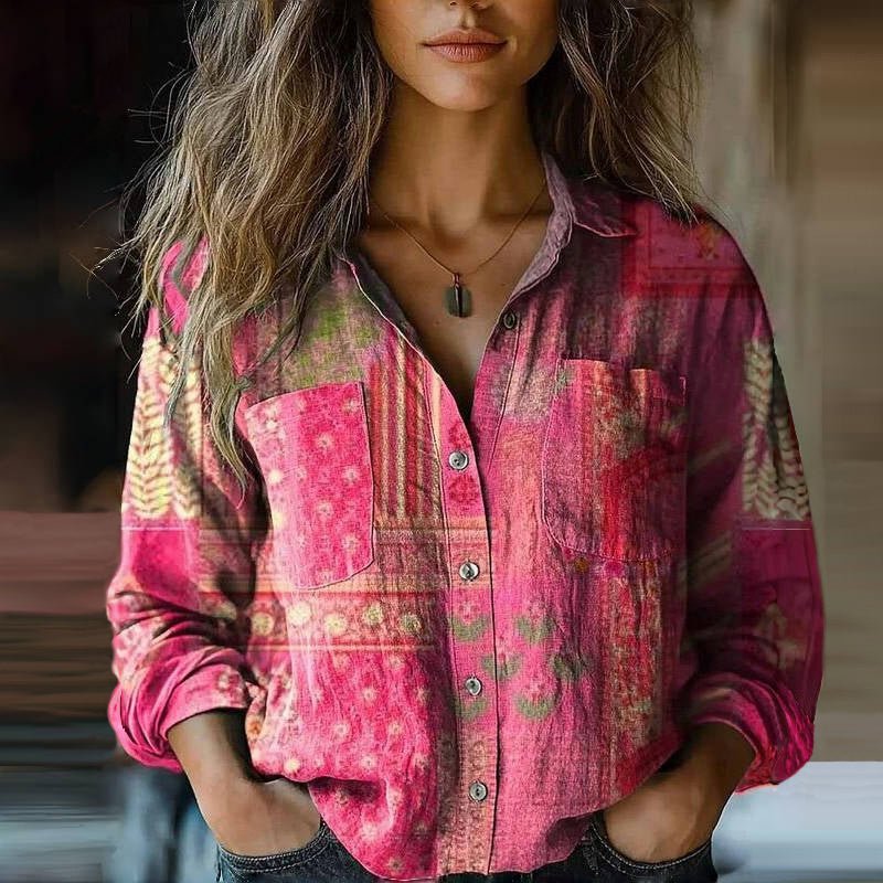 Karla | Kvinne Bohemian Vintage Paisley Langermet Skjorte Bluse