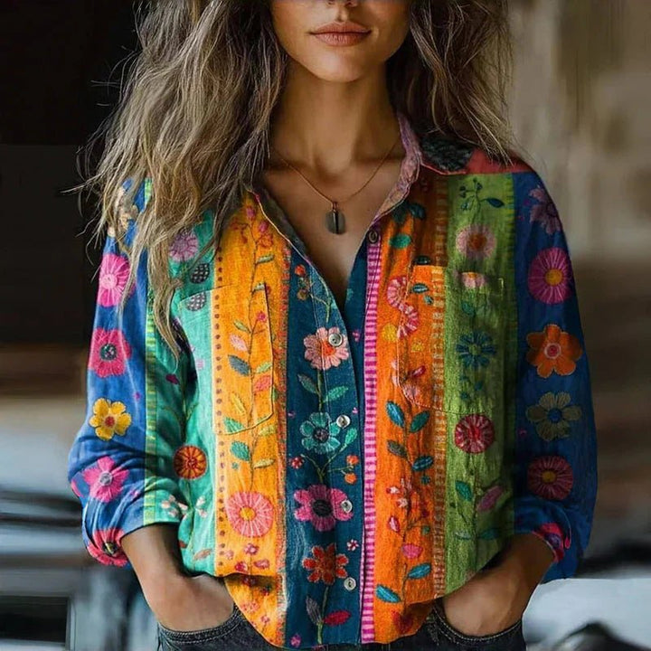 Karla | Kvinne Bohemian Vintage Paisley Langermet Skjorte Bluse