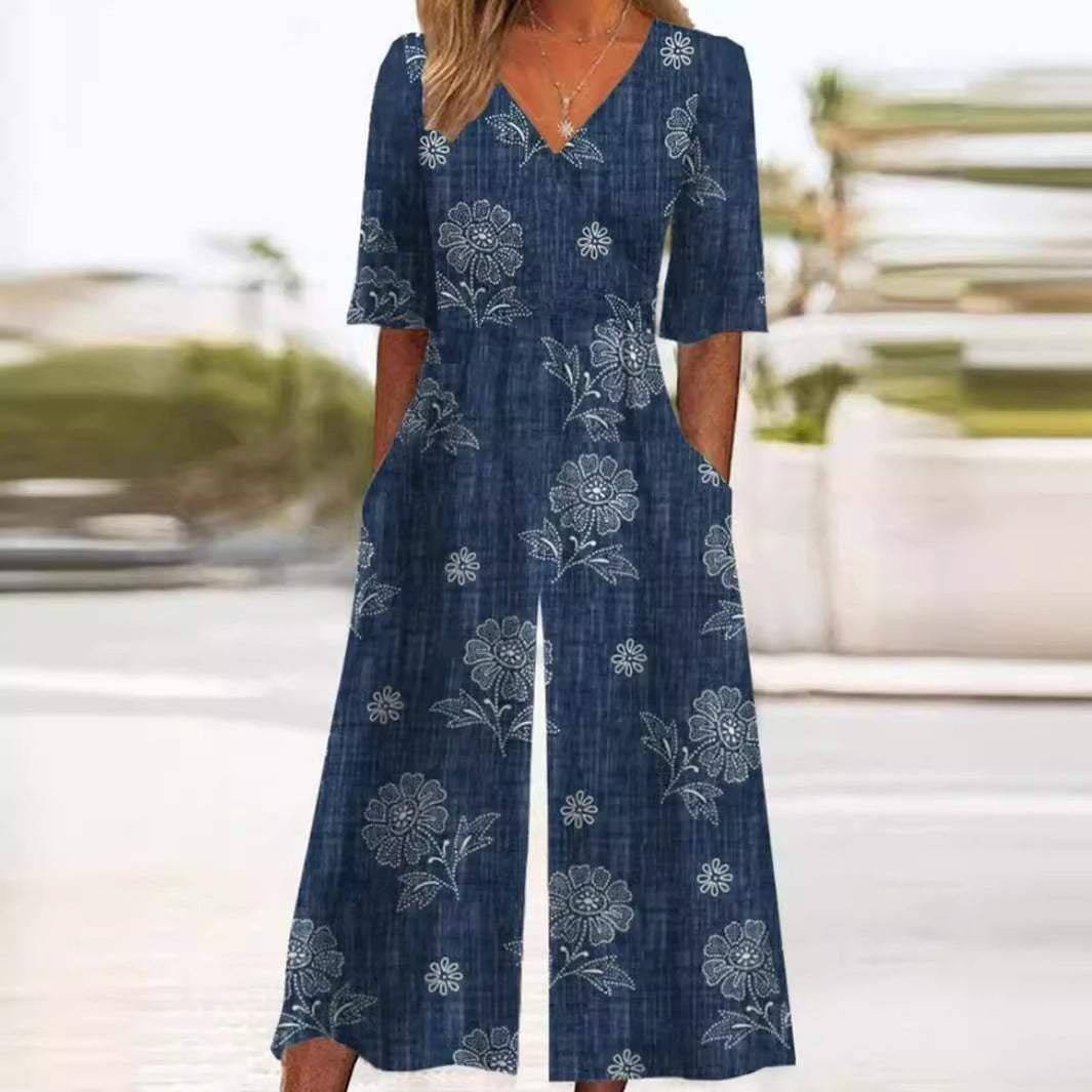 Emma | Kvinne Boho Blomstertrykk Jumpsuit V-hals Halv Ermer Lommer