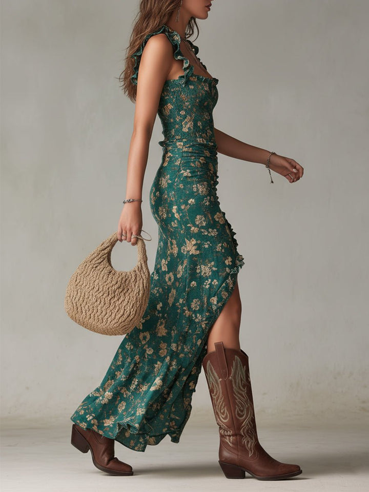 Clara | Kvinne Boho Blomster Maxi Kjole med Smock Uten Ermer Side Slitt