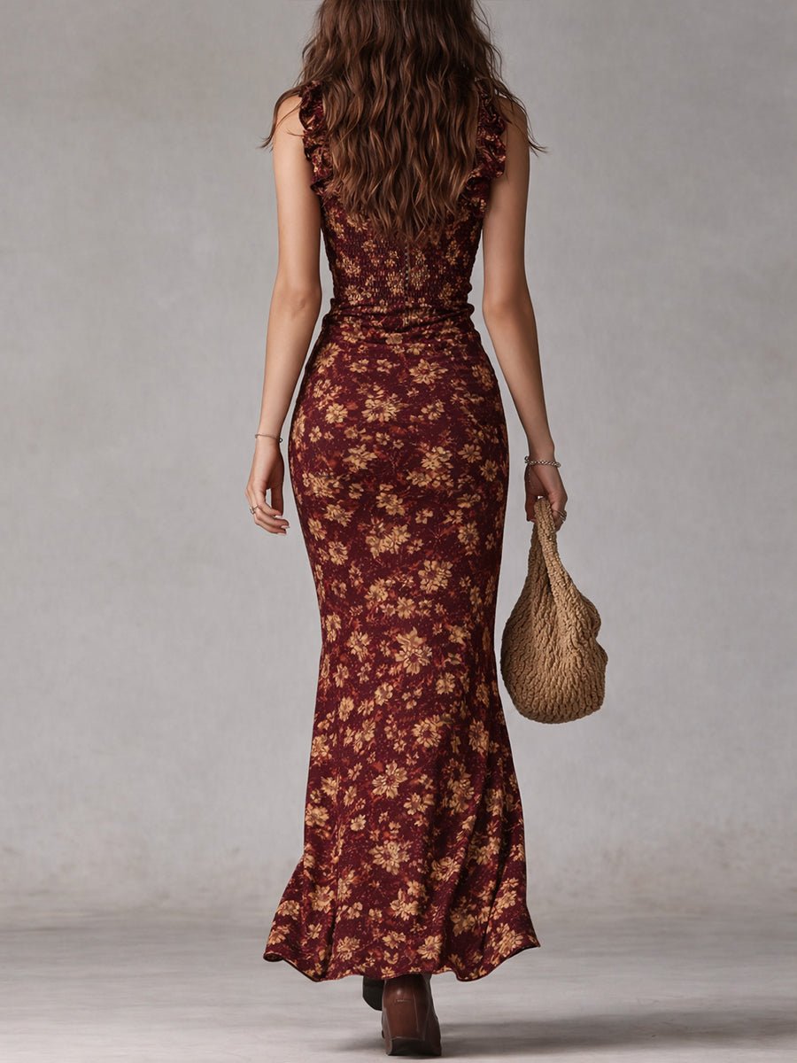 Clara | Kvinne Boho Blomster Maxi Kjole med Smock Uten Ermer Side Slitt