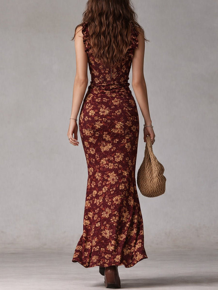 Clara | Kvinne Boho Blomster Maxi Kjole med Smock Uten Ermer Side Slitt