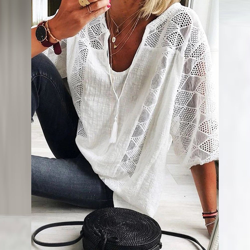 Ida | Kvinne Boho Løs Bluse med Heklede Detaljer og Trekvart Ermer