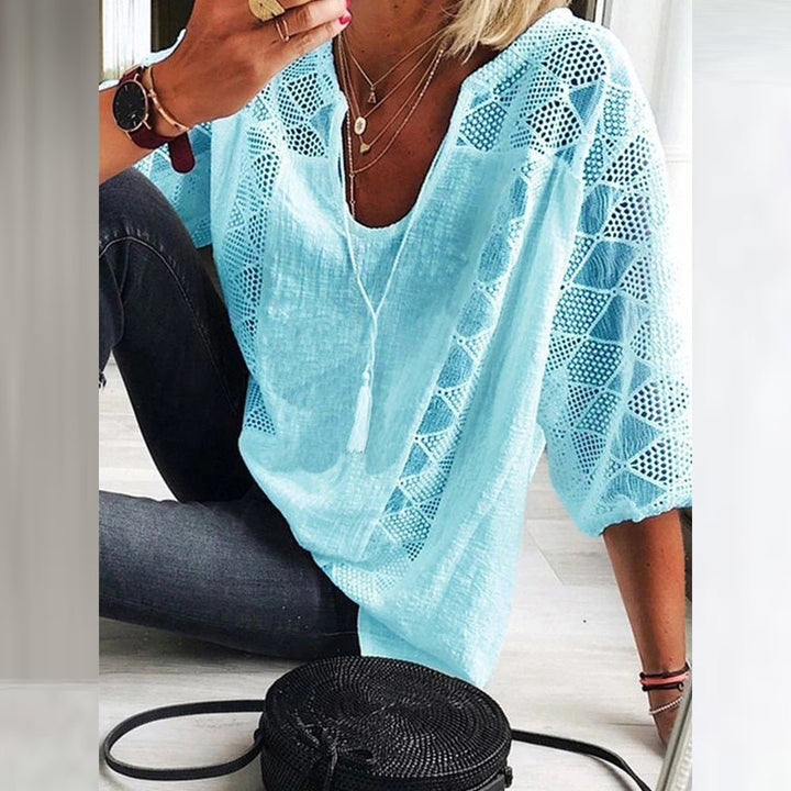 Ida | Kvinne Boho Løs Bluse med Heklede Detaljer og Trekvart Ermer