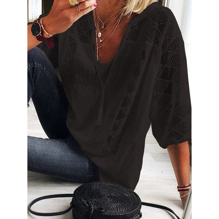Ida | Kvinne Boho Løs Bluse med Heklede Detaljer og Trekvart Ermer