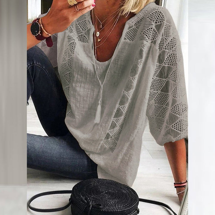 Ida | Kvinne Boho Løs Bluse med Heklede Detaljer og Trekvart Ermer