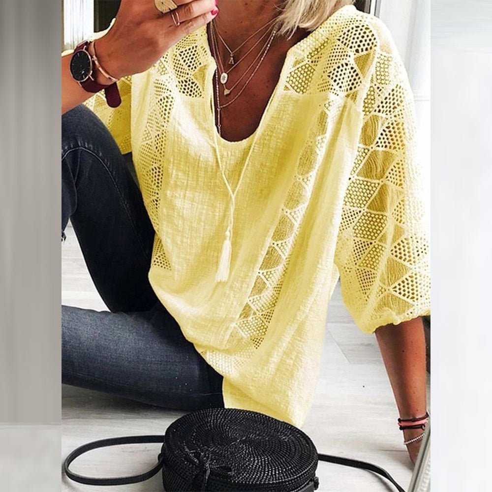 Ida | Kvinne Boho Løs Bluse med Heklede Detaljer og Trekvart Ermer
