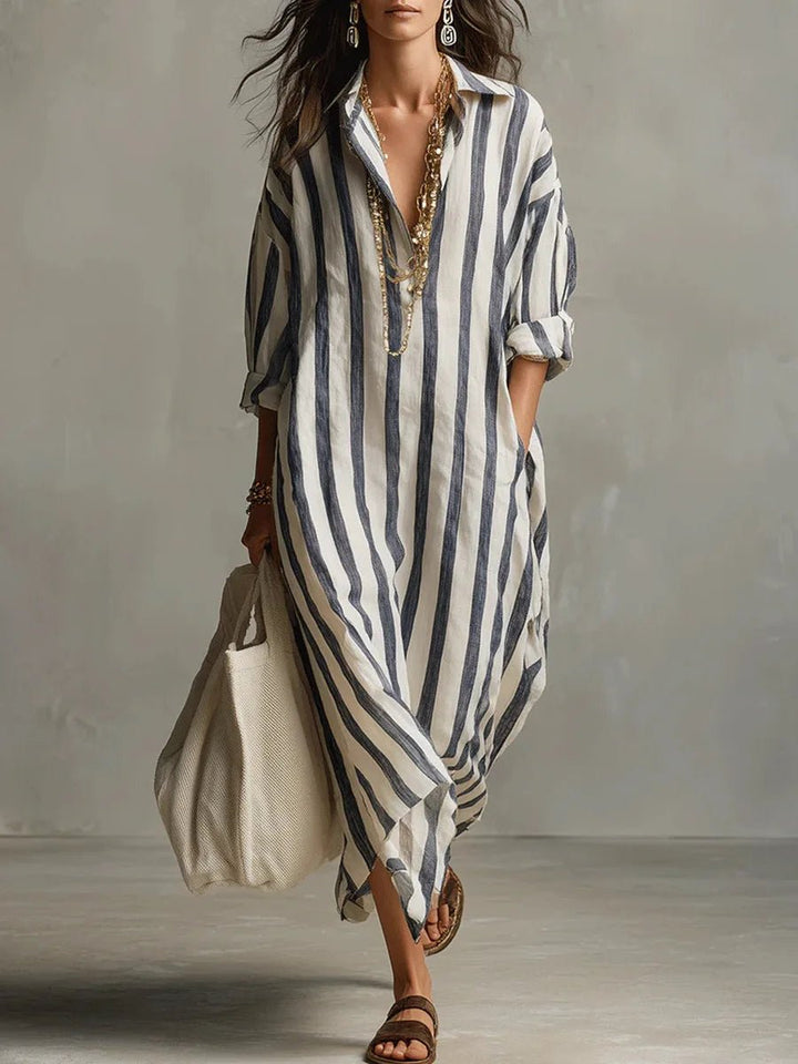 Astrid | Kvinne Boho Oversized Stripete Lin Maxi Skjortekjole