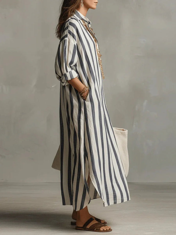Astrid | Kvinne Boho Oversized Stripete Lin Maxi Skjortekjole